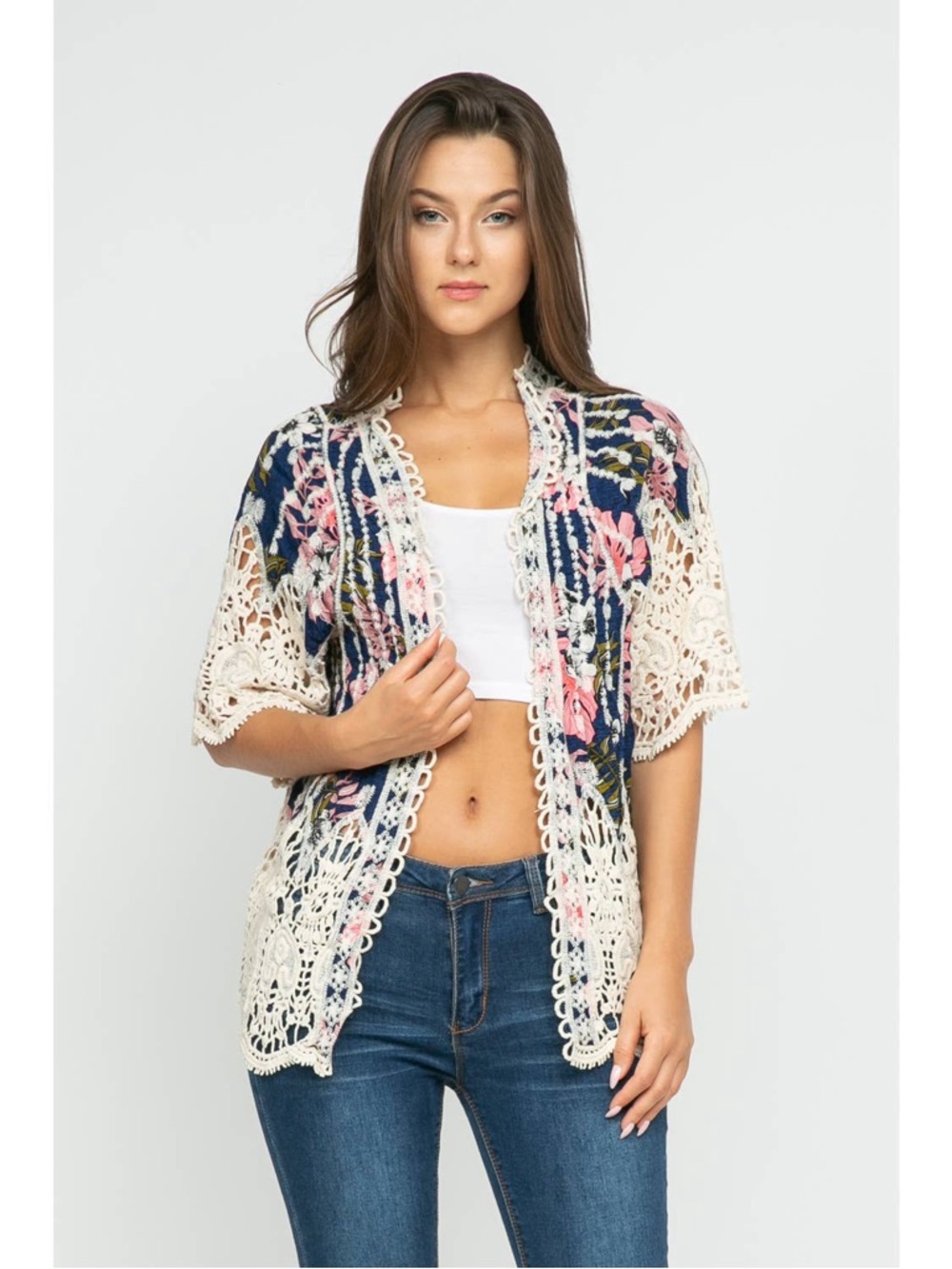 Raj kimono Navy Floral Open-Front Crochet Trim embroidered Kimono
